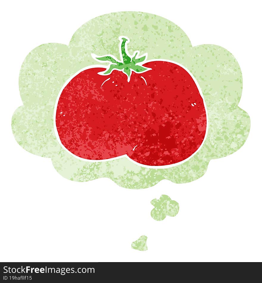 cartoon tomato and thought bubble in retro textured style