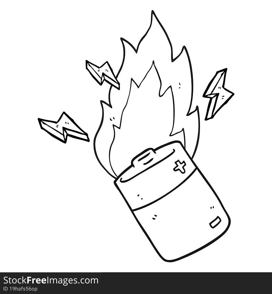 black and white cartoon flaming battery