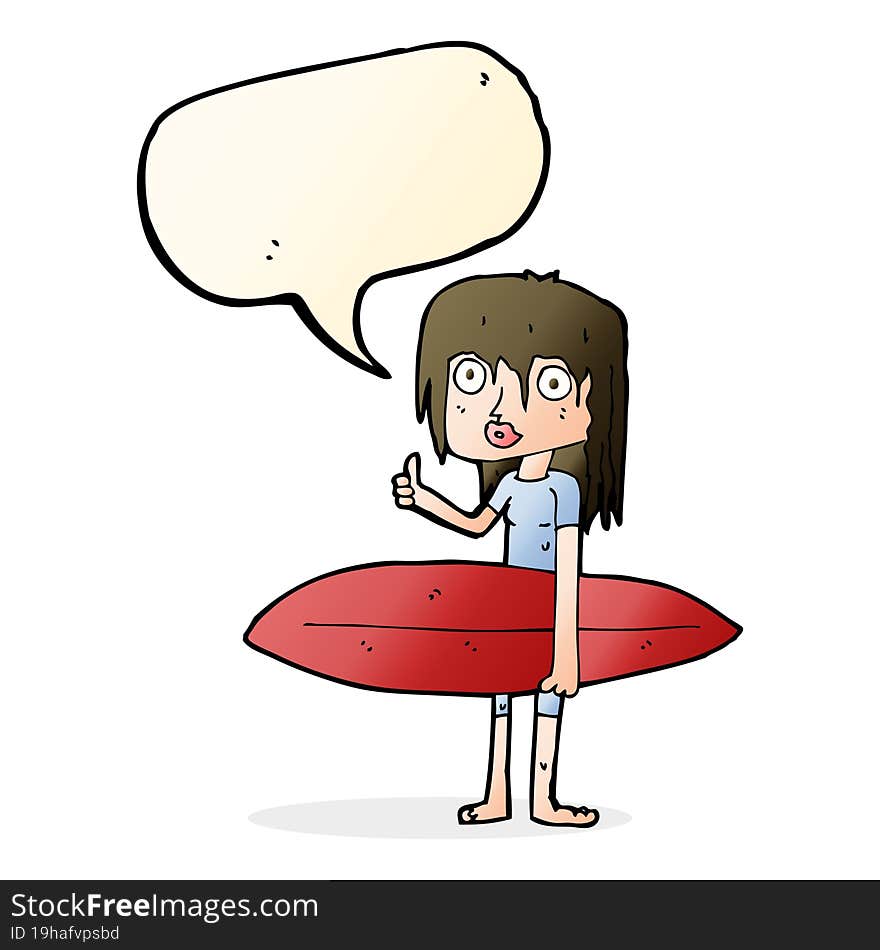 cartoon surfer girl with speech bubble