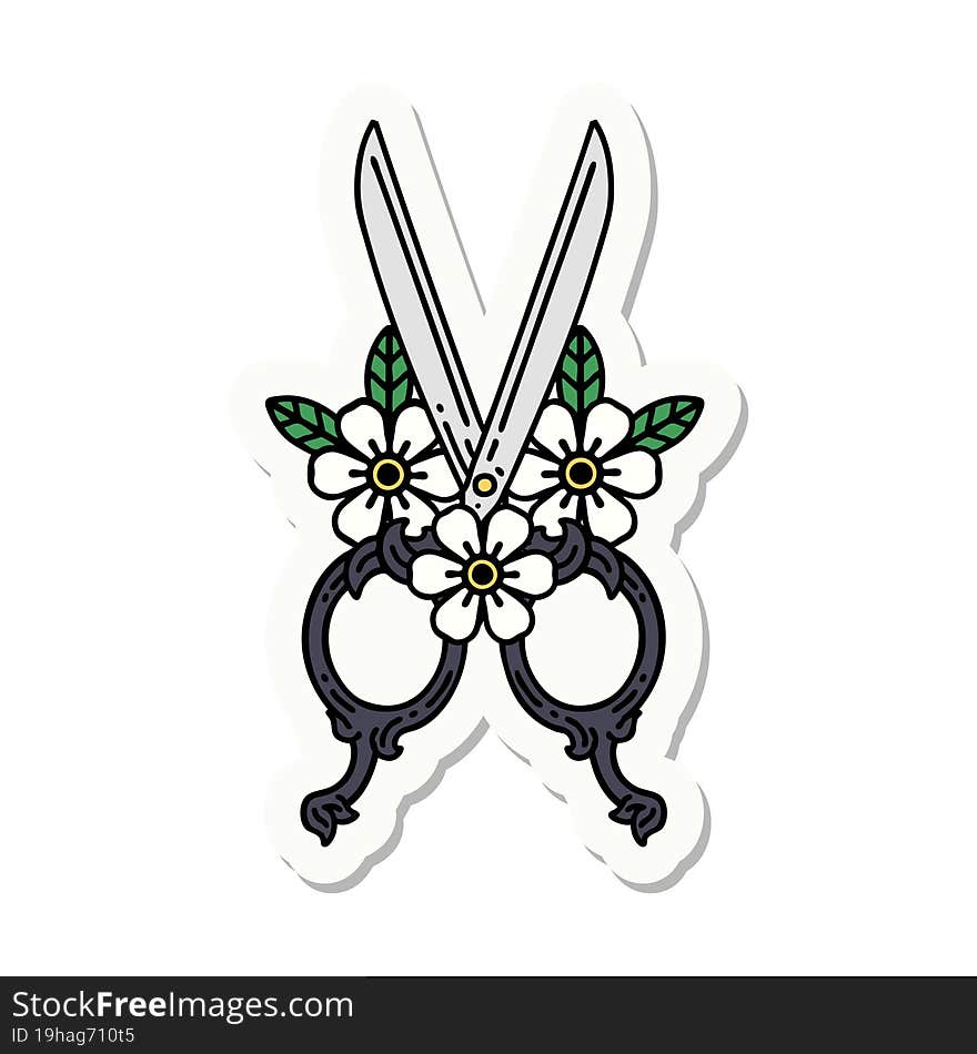 tattoo style sticker of a barber scissors and flowers