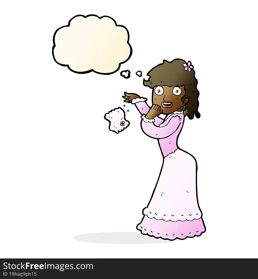 cartoon victorian woman dropping handkerchief with thought bubble