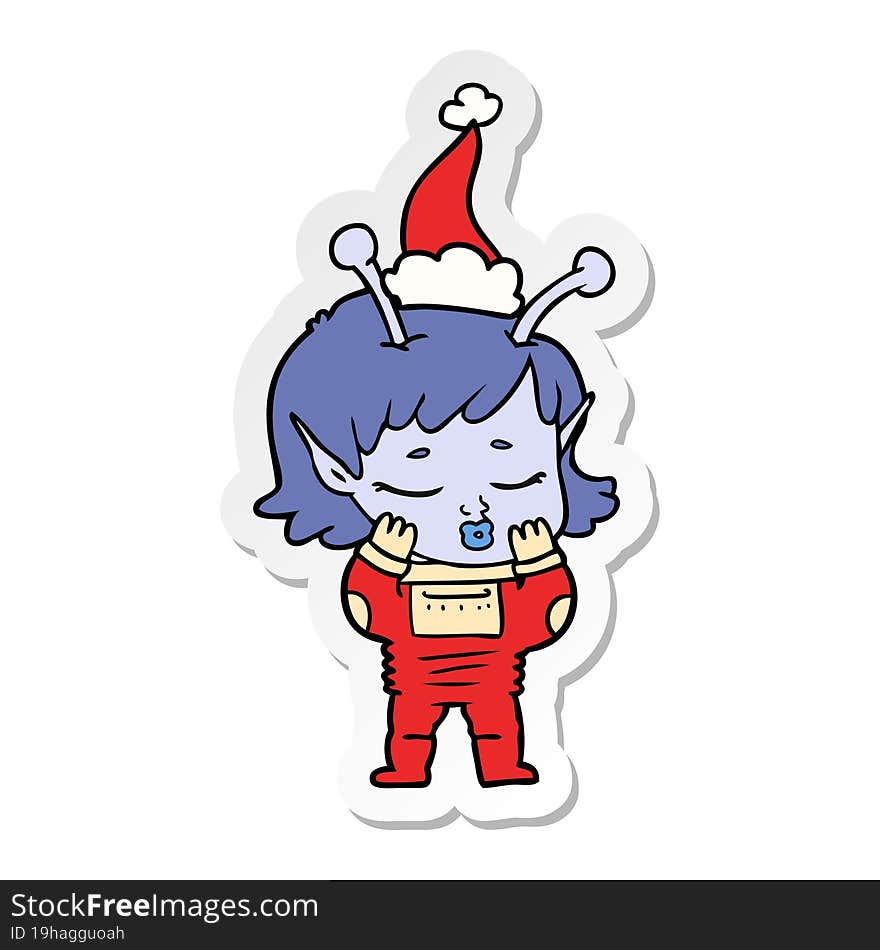 sticker cartoon of a alien girl wearing santa hat