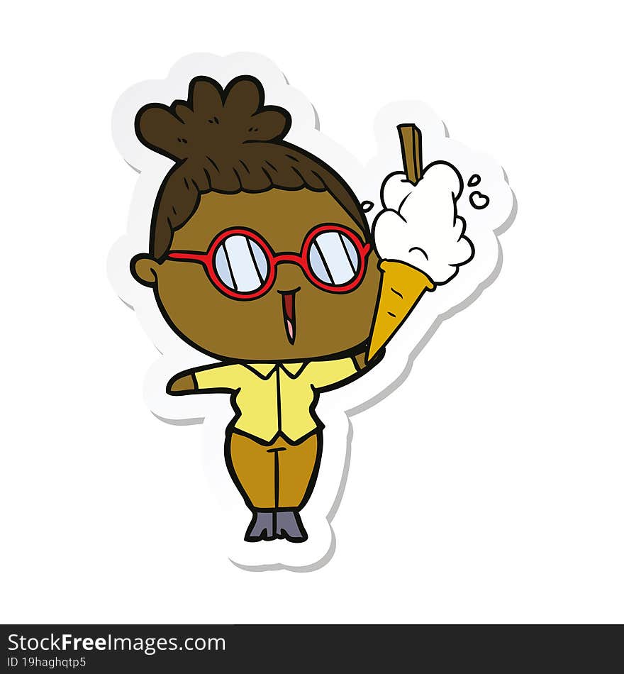 sticker of a cartoon woman wearing spectacles with ice cream