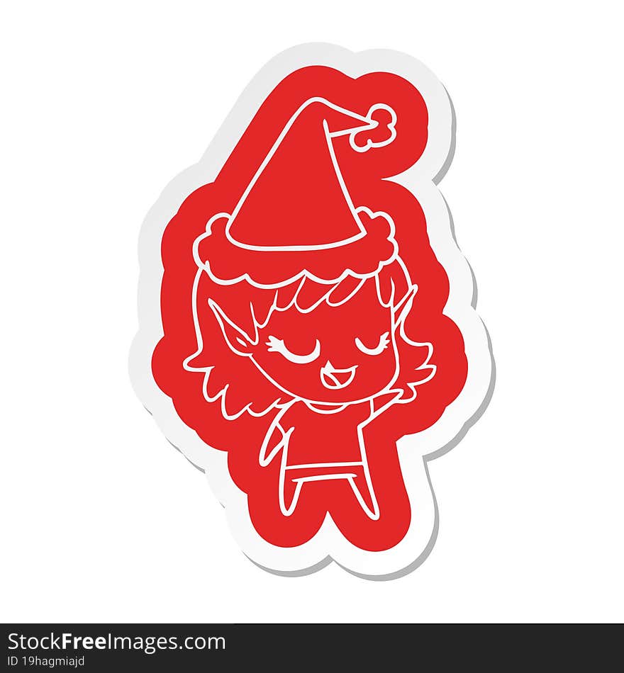 happy cartoon  sticker of a elf girl wearing santa hat