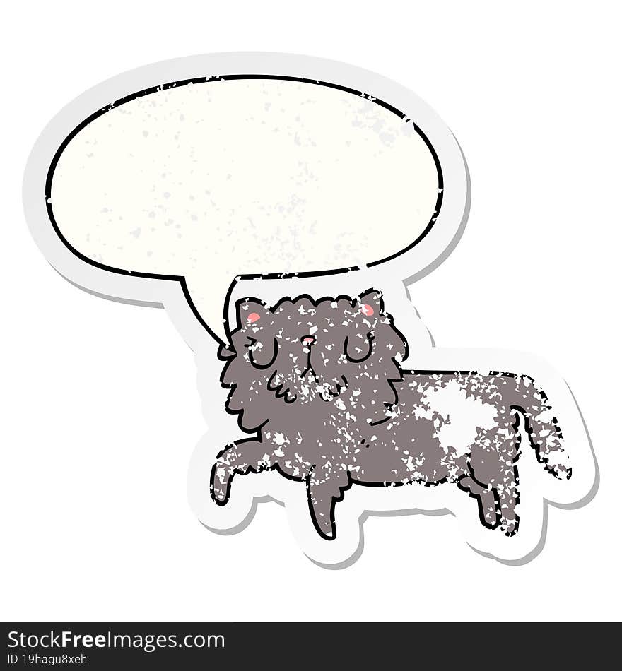 cartoon cat with speech bubble distressed distressed old sticker. cartoon cat with speech bubble distressed distressed old sticker