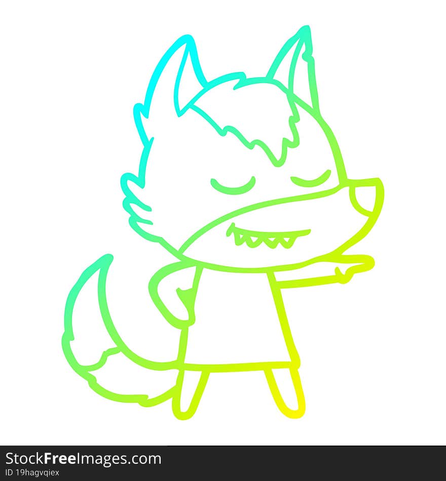 cold gradient line drawing friendly cartoon wolf girl pointing