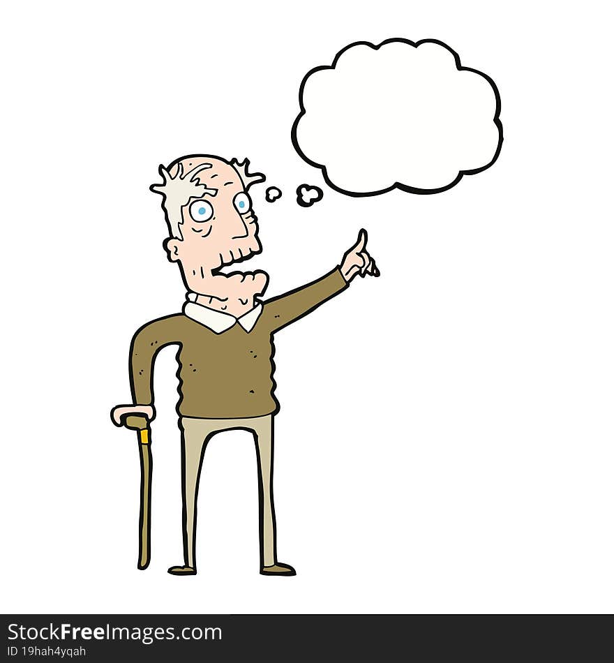 cartoon old man with walking stick with thought bubble