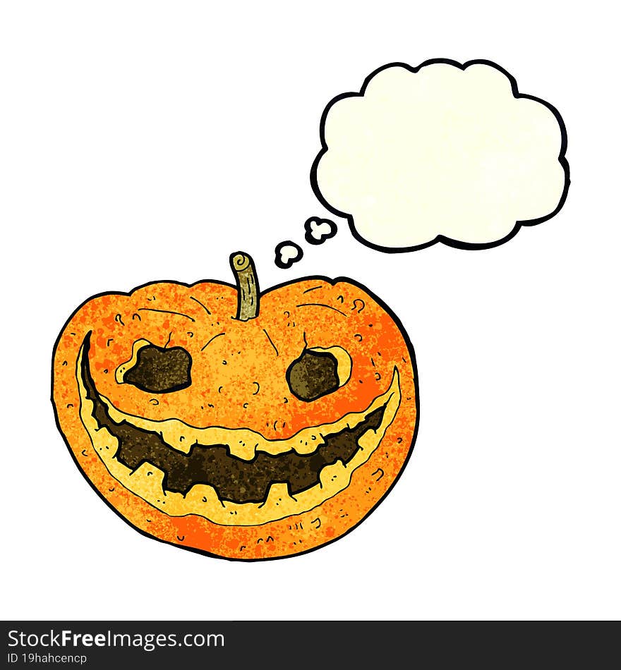 cartoon spooky pumpkin with thought bubble