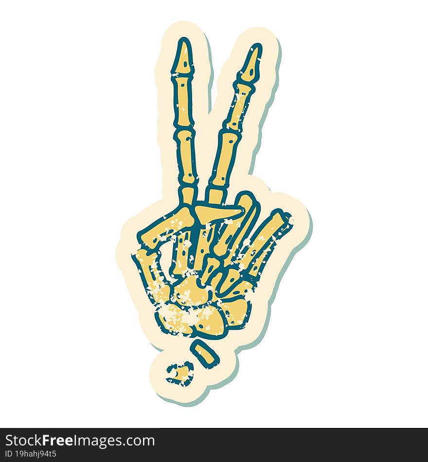 Distressed Sticker Tattoo Style Icon Of A Skeleton Hand Giving A Peace Sign