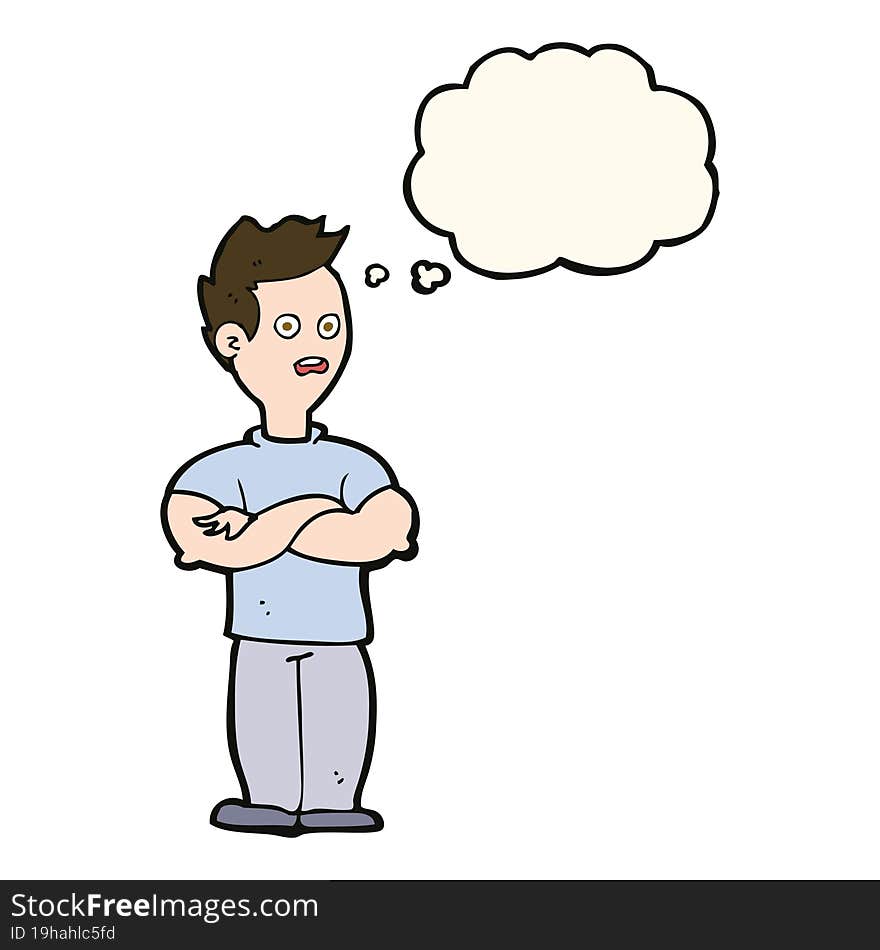 cartoon man with crossed arms with thought bubble