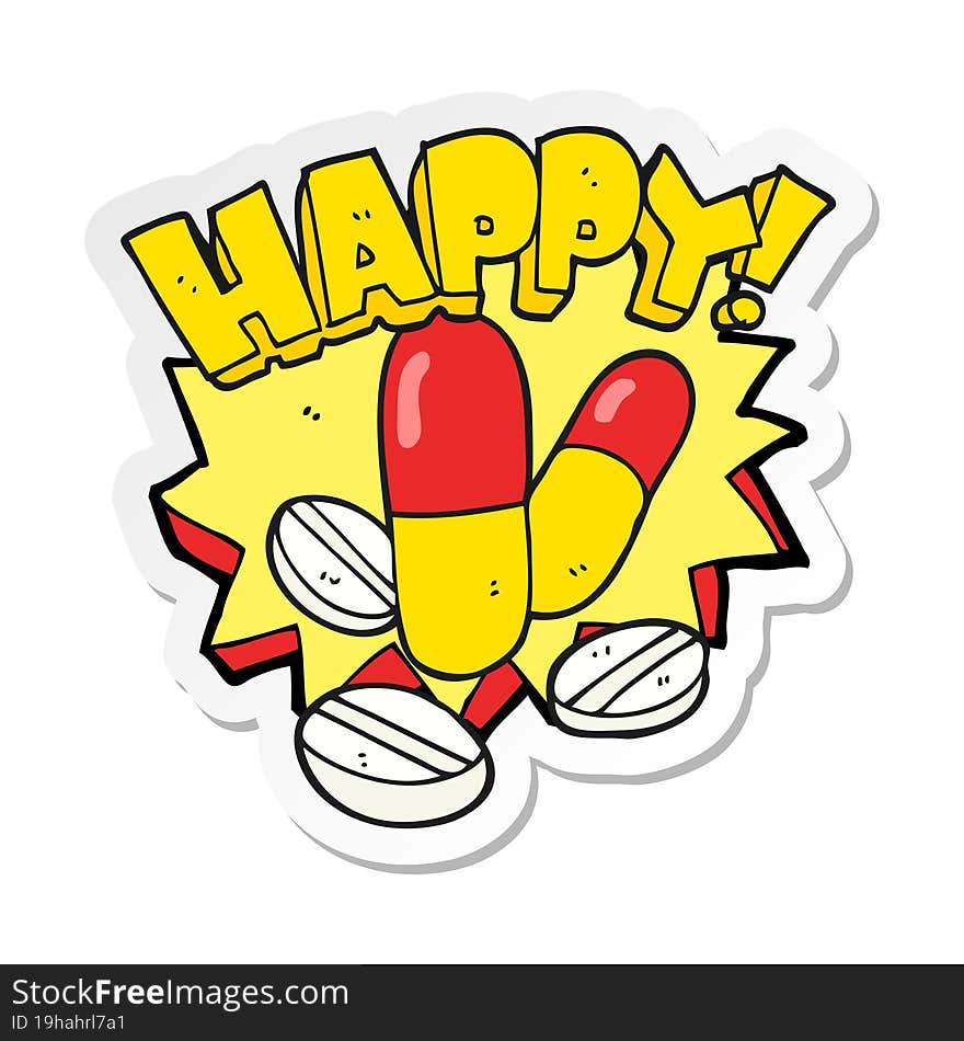 sticker of a cartoon happy pills