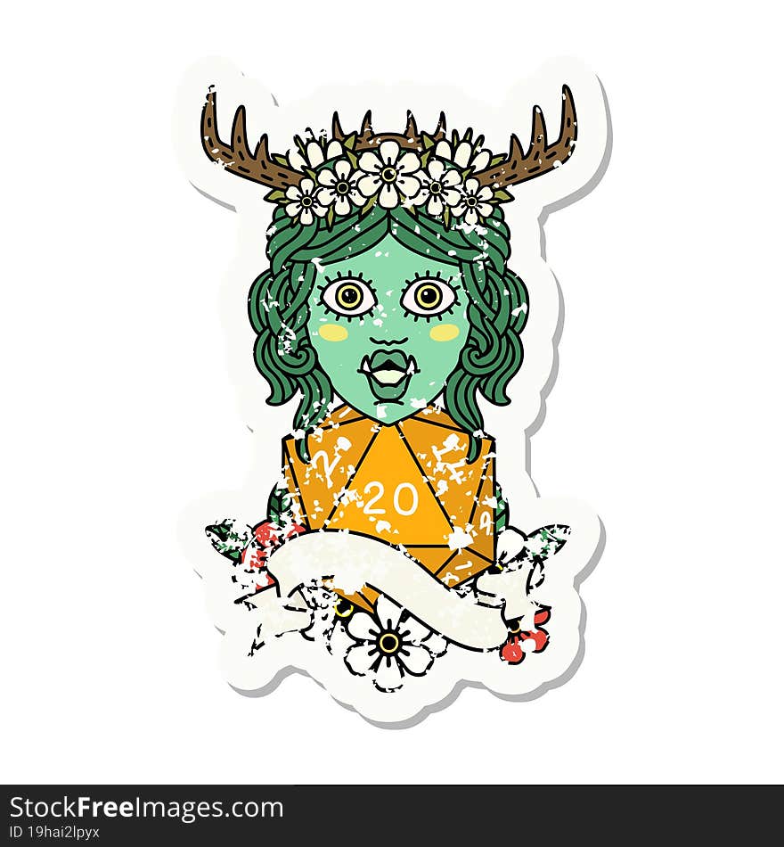 grunge sticker of a half orc druid character with natural 20 dice roll. grunge sticker of a half orc druid character with natural 20 dice roll