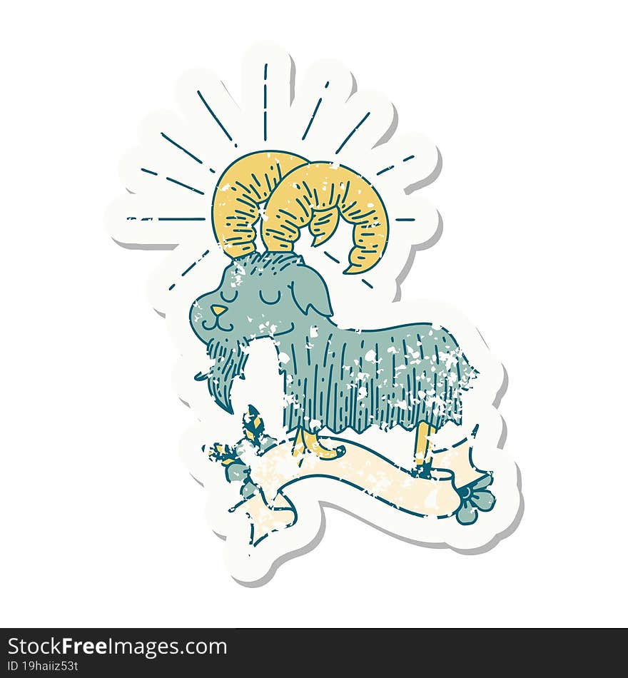 grunge sticker of tattoo style happy goat