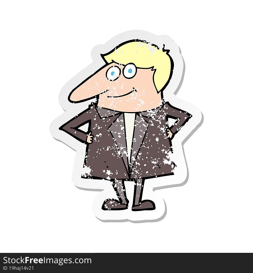 retro distressed sticker of a cartoon happy man in suit