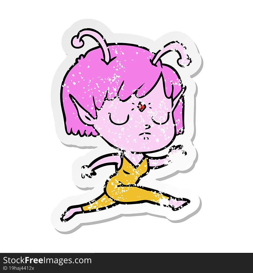 distressed sticker of a cartoon alien girl