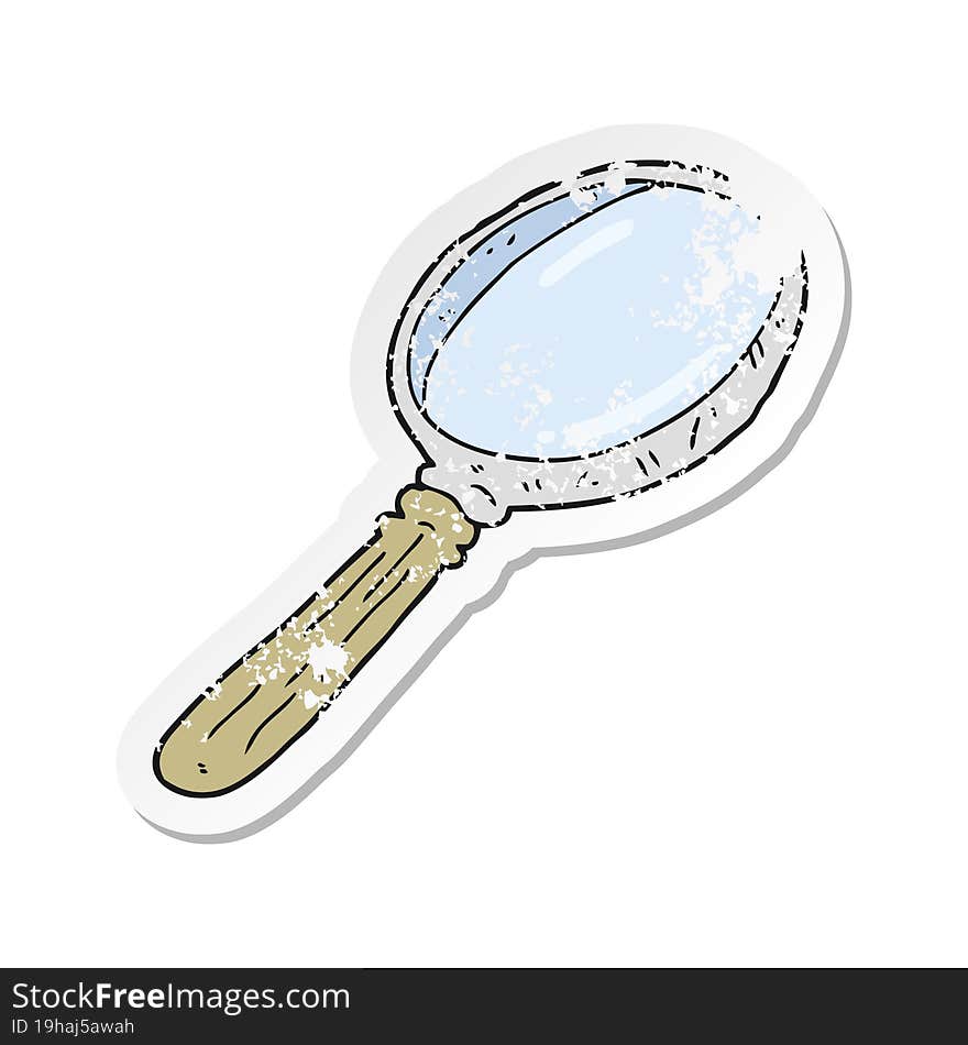 retro distressed sticker of a cartoon magnifying glass