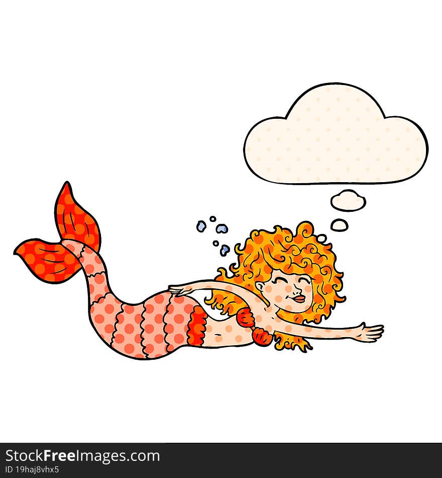 cartoon mermaid with thought bubble in comic book style