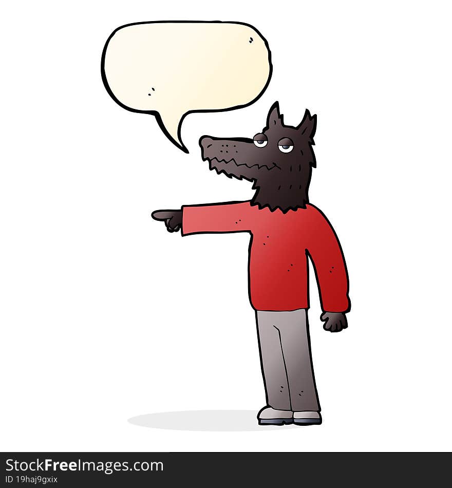 cartoon wolf man pointing with speech bubble