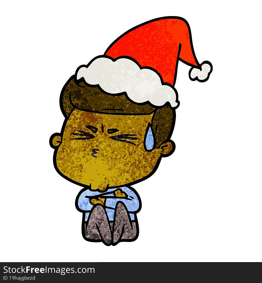 textured cartoon of a man sweating wearing santa hat