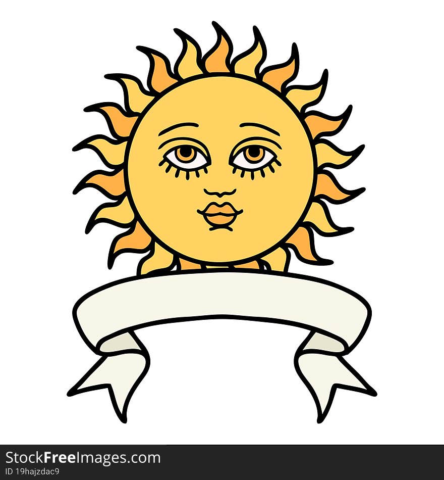 tattoo with banner of a sun with face