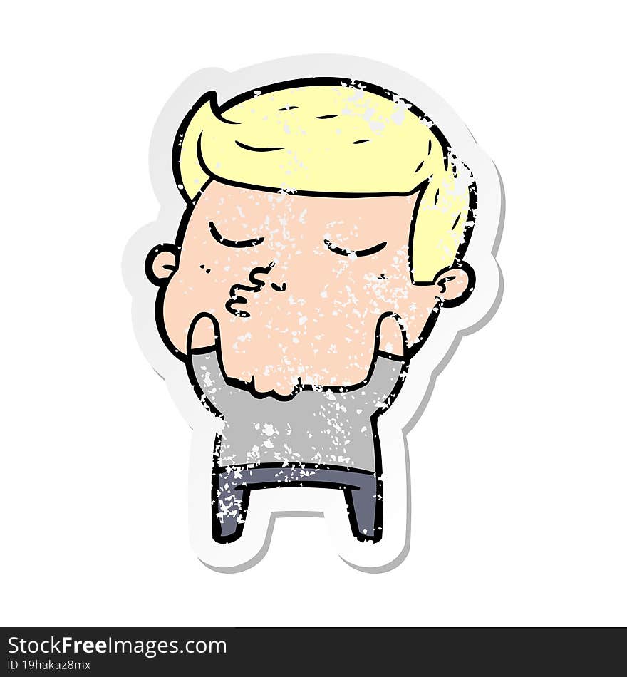 distressed sticker of a cartoon model guy pouting