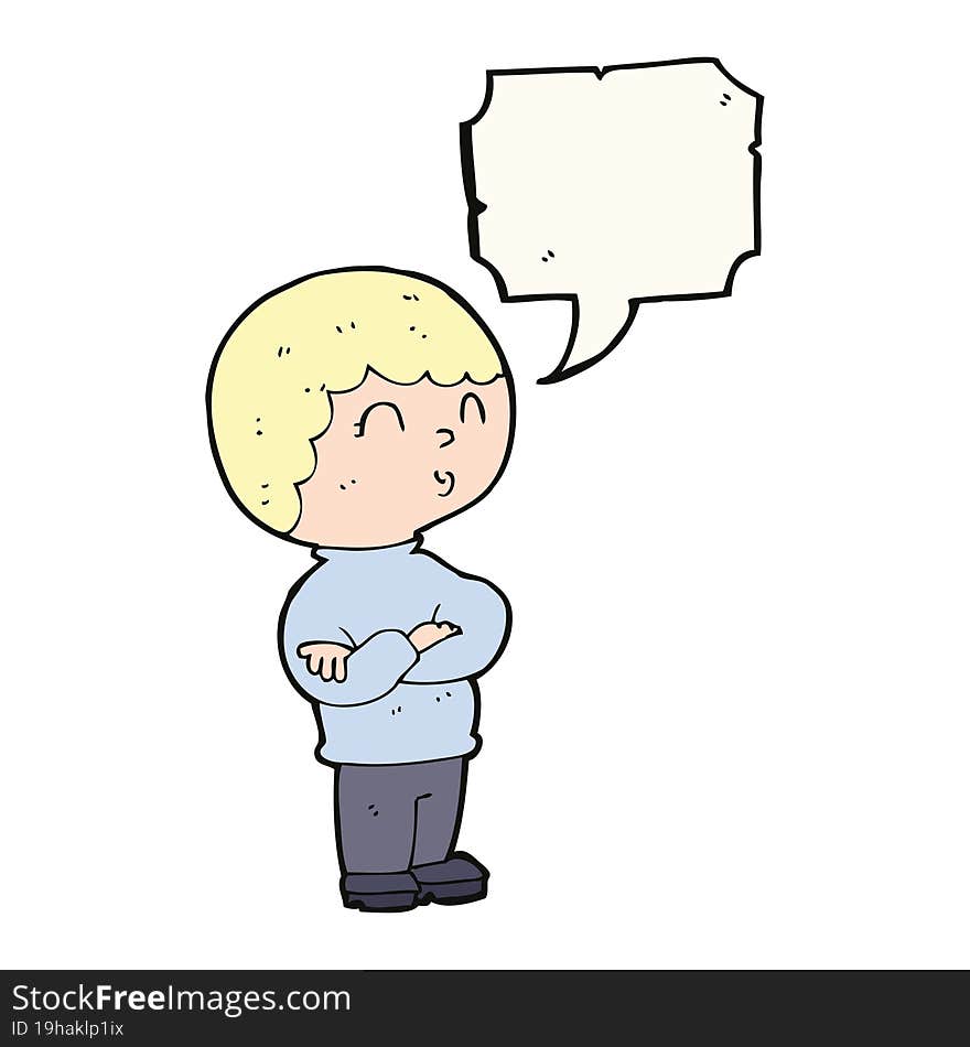 cartoon boy with folded arms with speech bubble