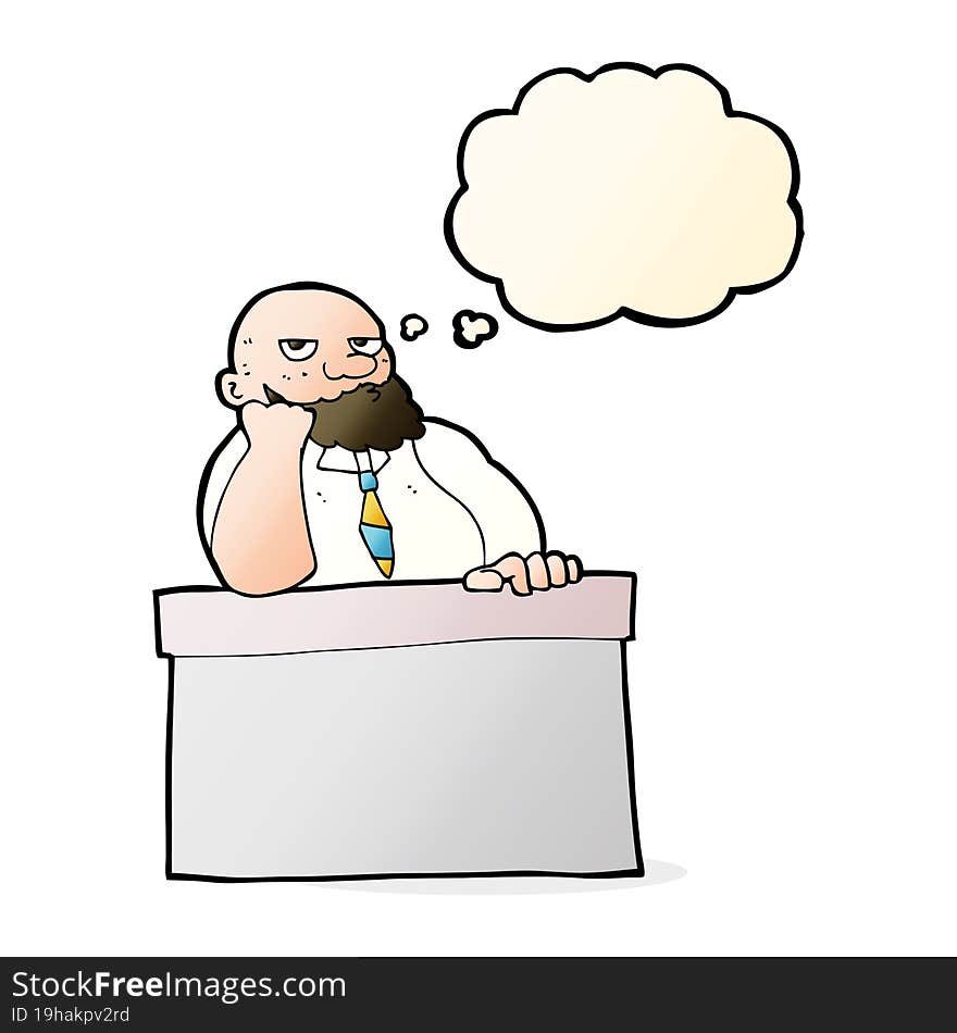 cartoon bored man at desk with thought bubble