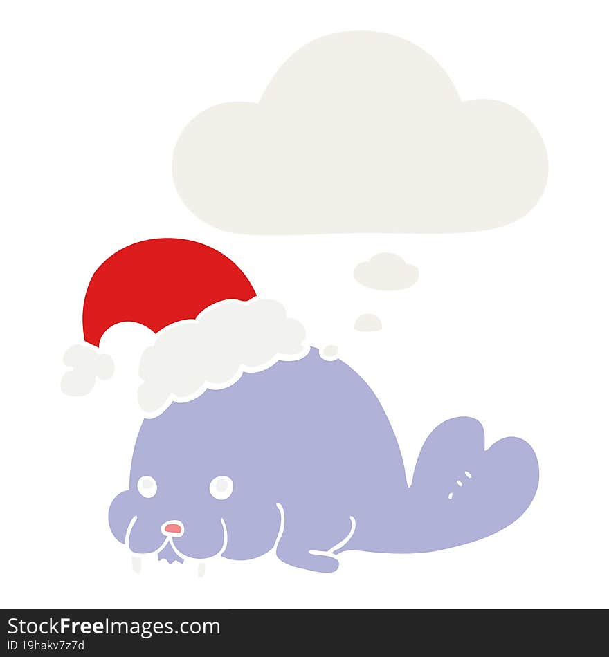 cartoon christmas walrus and thought bubble in retro style