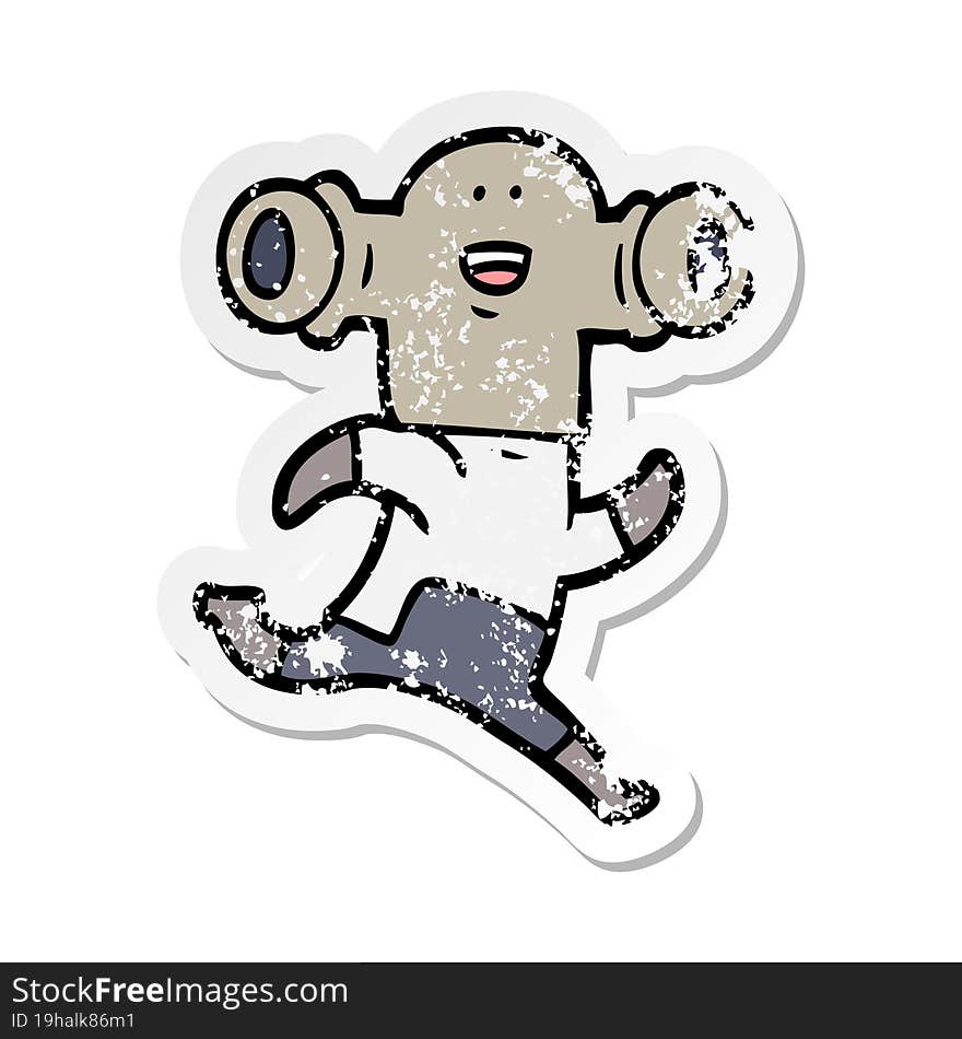 distressed sticker of a friendly cartoon alien running