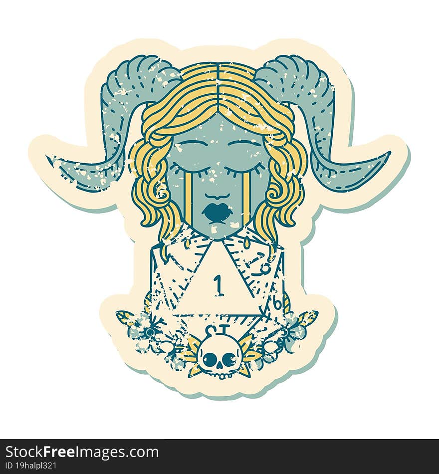 grunge sticker of a crying tiefling with natural one D20 dice roll. grunge sticker of a crying tiefling with natural one D20 dice roll