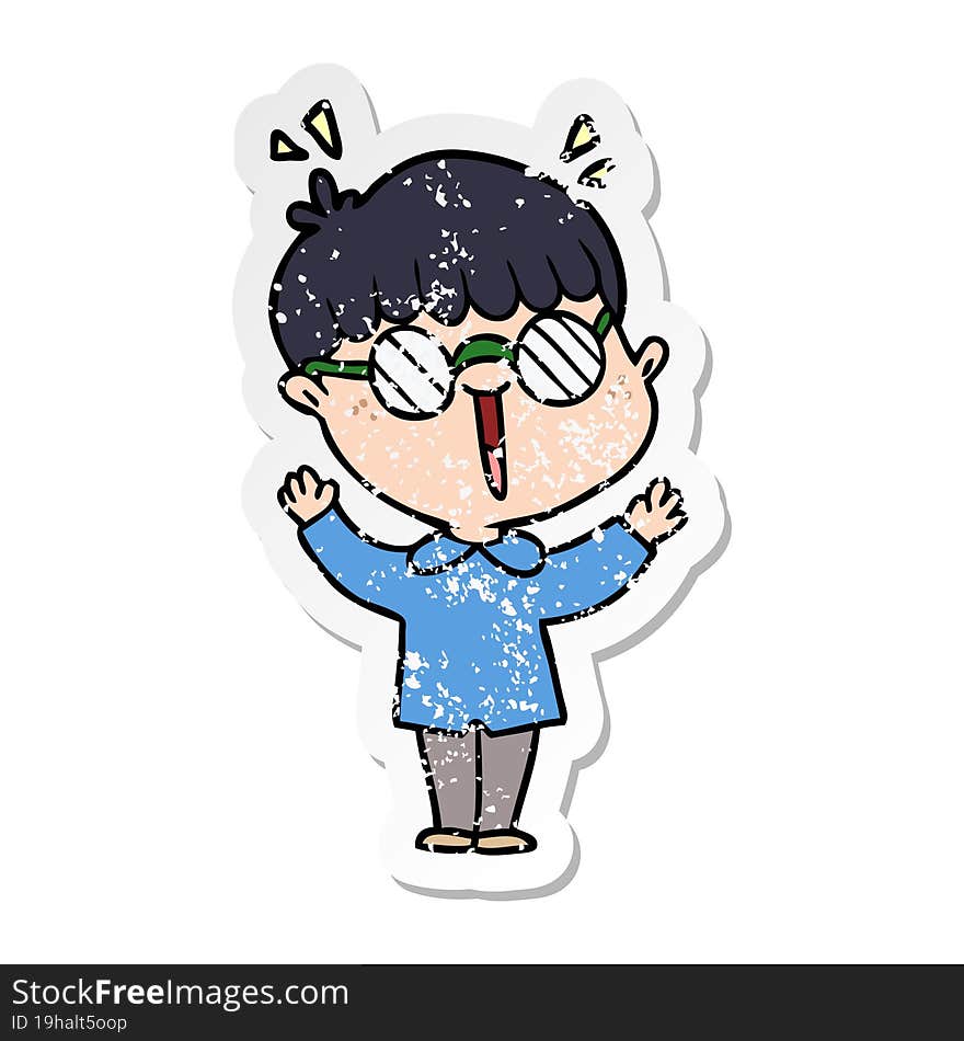 distressed sticker of a cartoon boy wearing spectacles