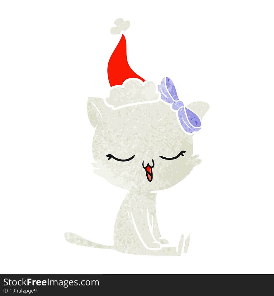 hand drawn retro cartoon of a cat with bow on head wearing santa hat