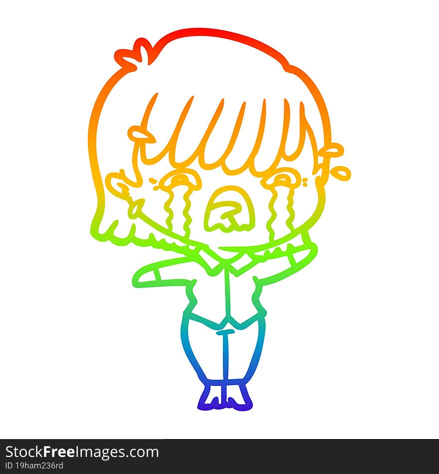 rainbow gradient line drawing of a cartoon girl crying