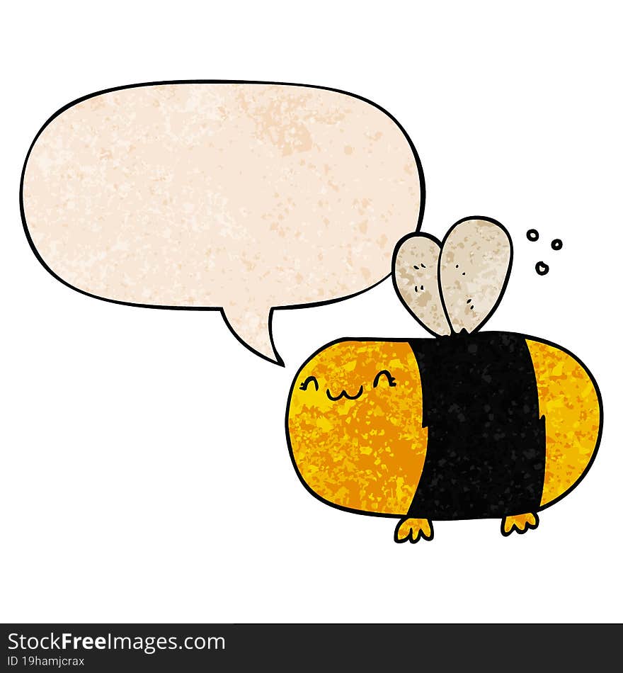 cute cartoon bee and speech bubble in retro texture style