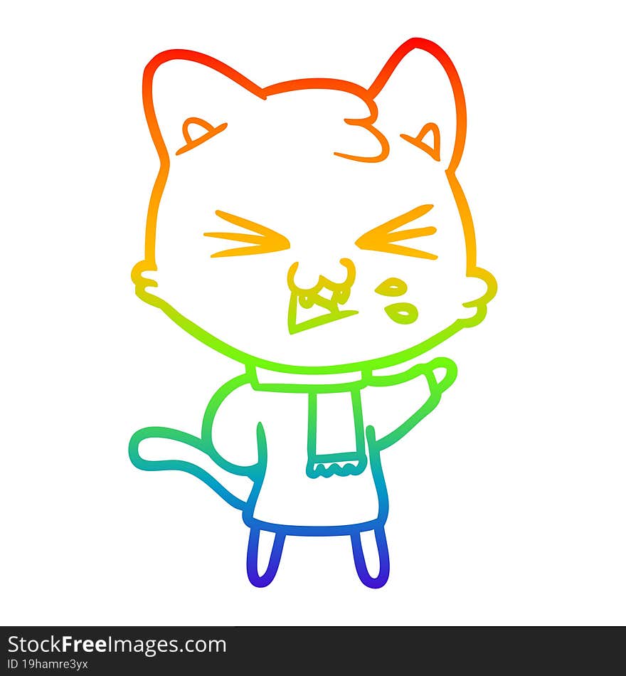 rainbow gradient line drawing of a cartoon cat hissing