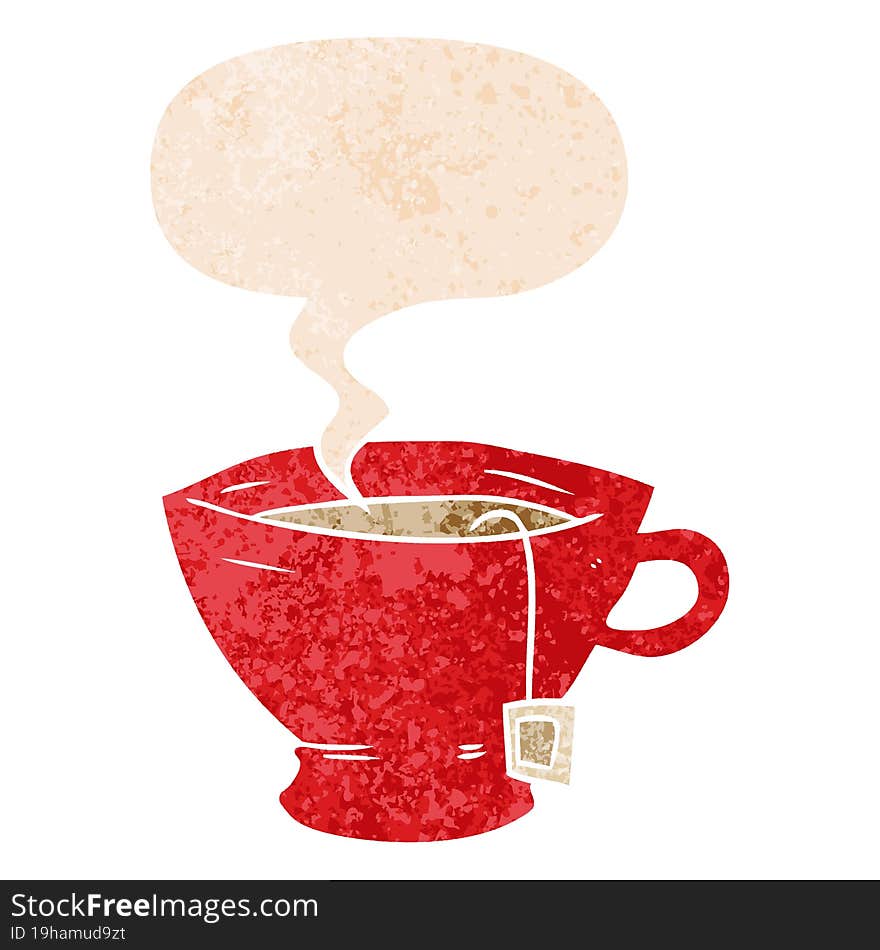 cartoon cup of tea and speech bubble in retro textured style