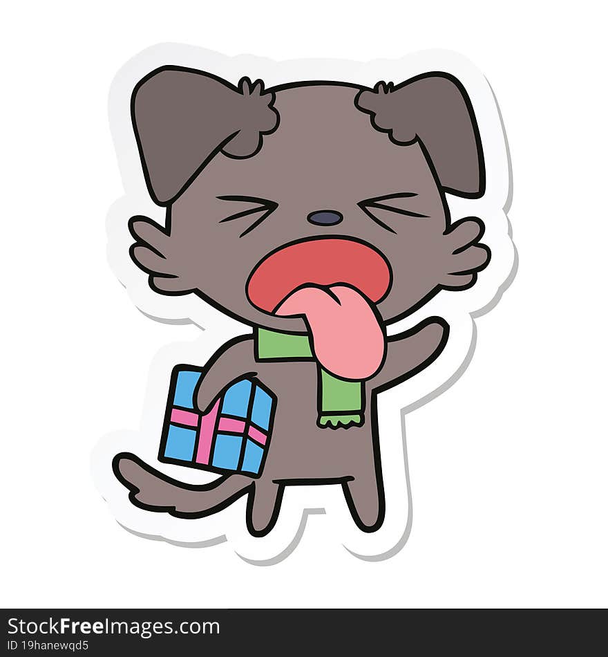 sticker of a cartoon disgusted dog with christmas gift