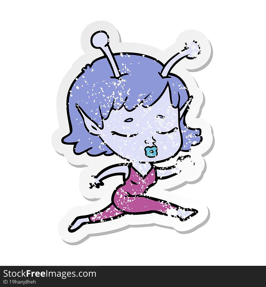 distressed sticker of a cute alien girl cartoon