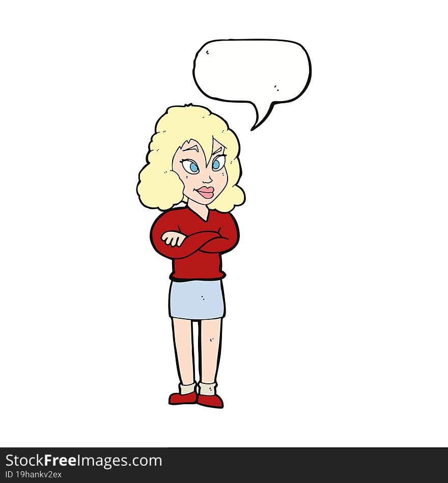 cartoon woman with crossed arms with speech bubble