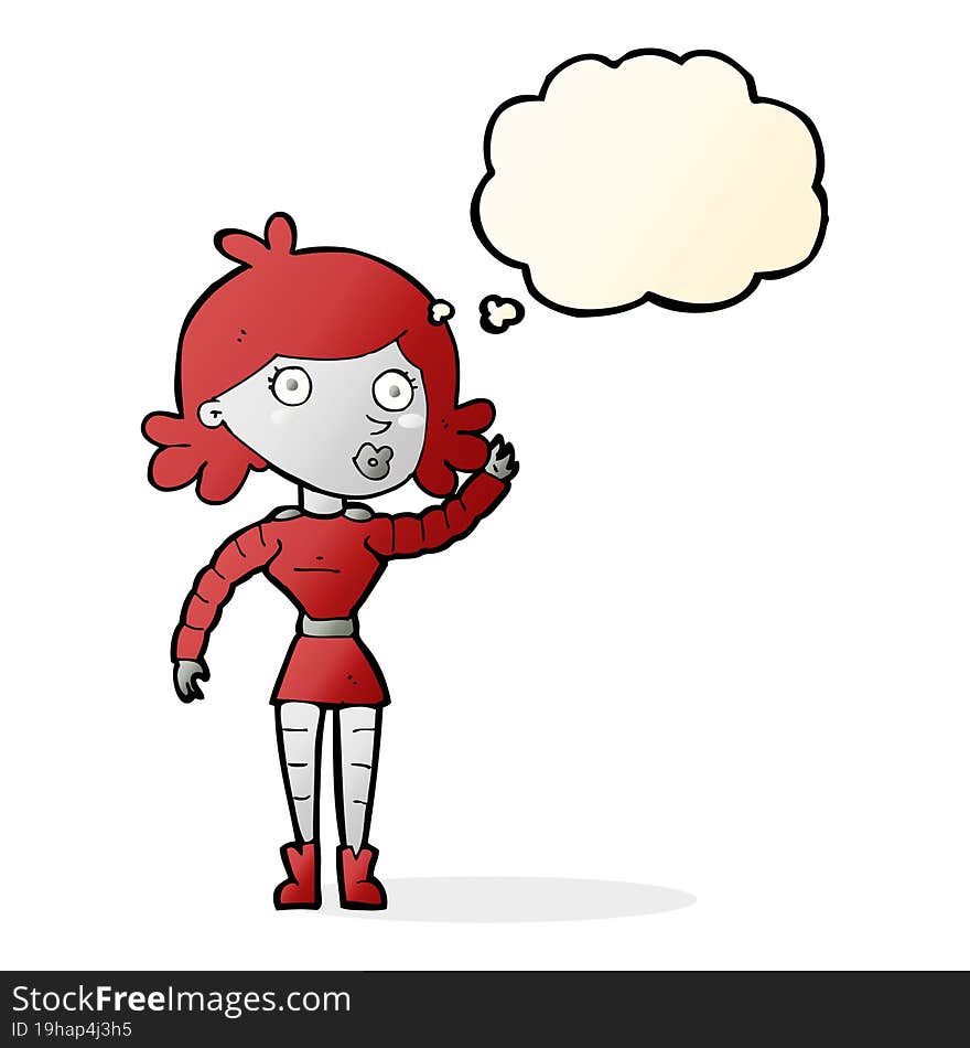 cartoon robot woman waving with thought bubble