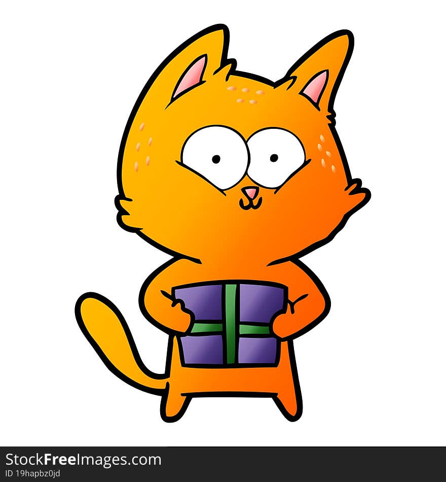 cartoon cat holding christmas present. cartoon cat holding christmas present