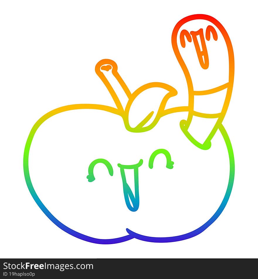 rainbow gradient line drawing cartoon worm in happy apple