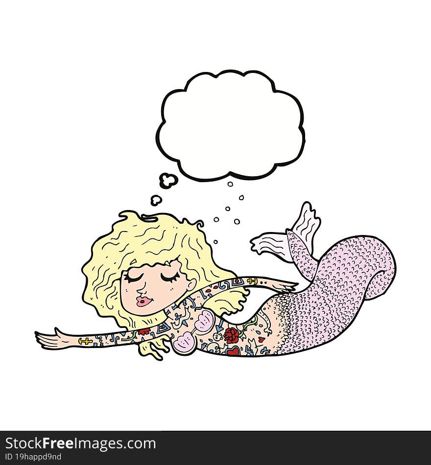 cartoon mermaid covered in tattoos with thought bubble