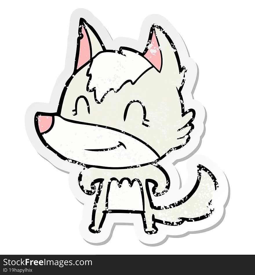 distressed sticker of a friendly cartoon wolf