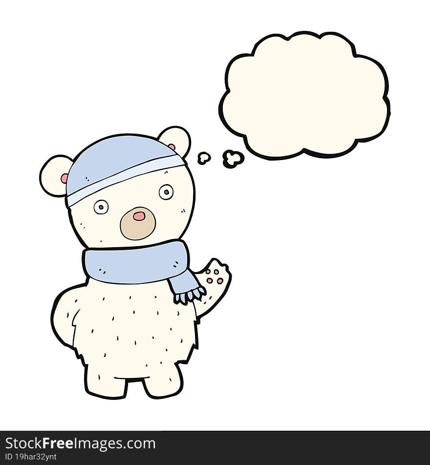 cartoon polar bear in winter hat and scarf with thought bubble