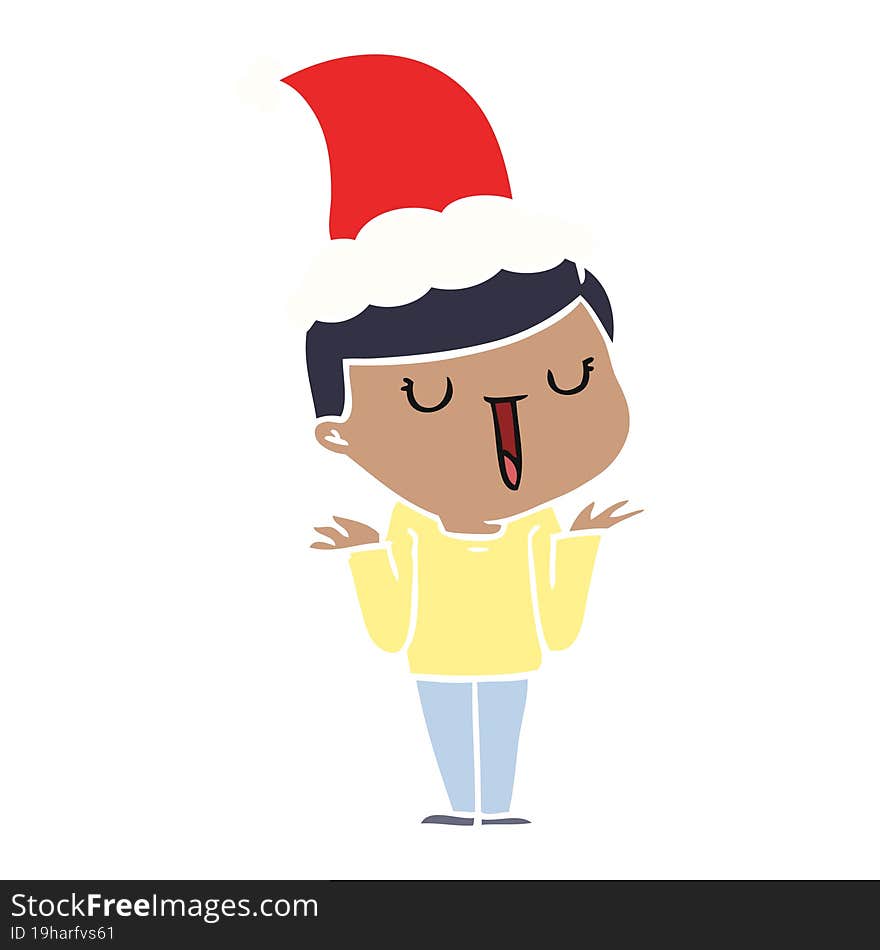 hand drawn flat color illustration of a happy boy with no worries wearing santa hat