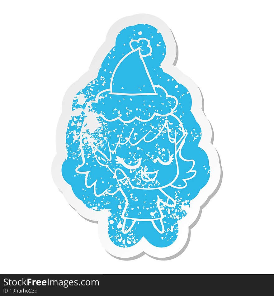 happy cartoon distressed sticker of a elf girl wearing santa hat