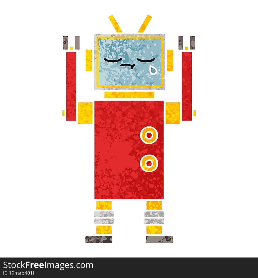 retro illustration style cartoon of a crying robot