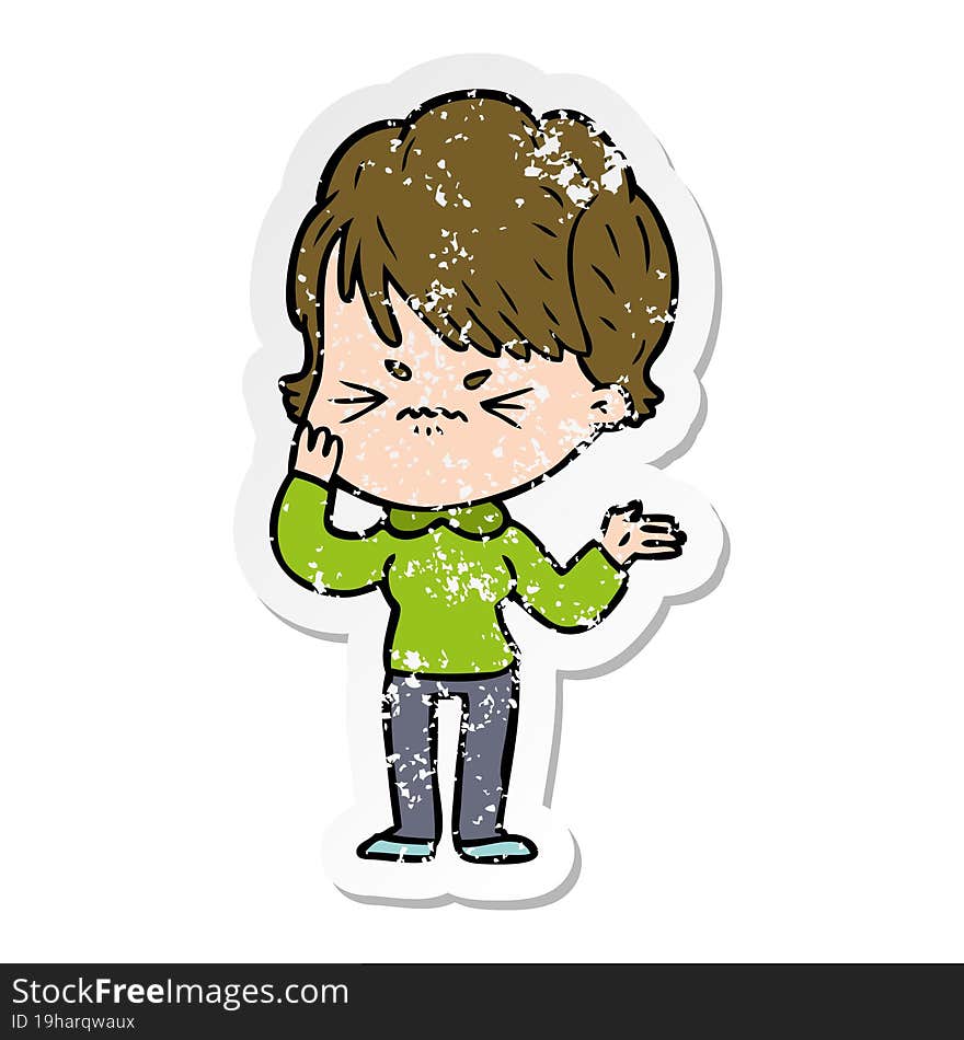 distressed sticker of a cartoon frustrated woman