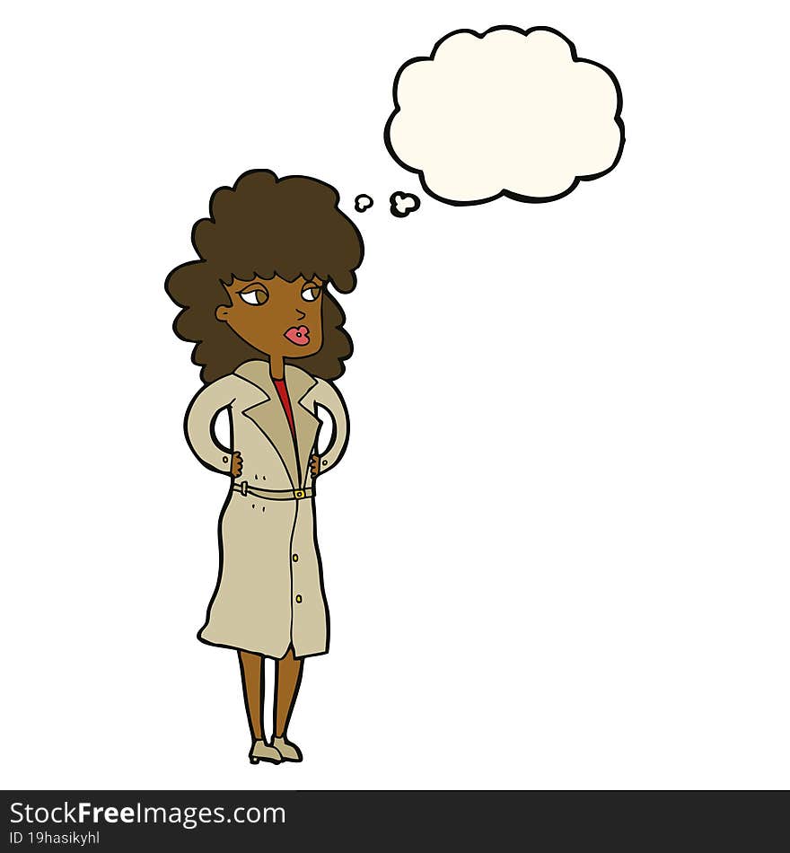 cartoon woman in trench coat with thought bubble